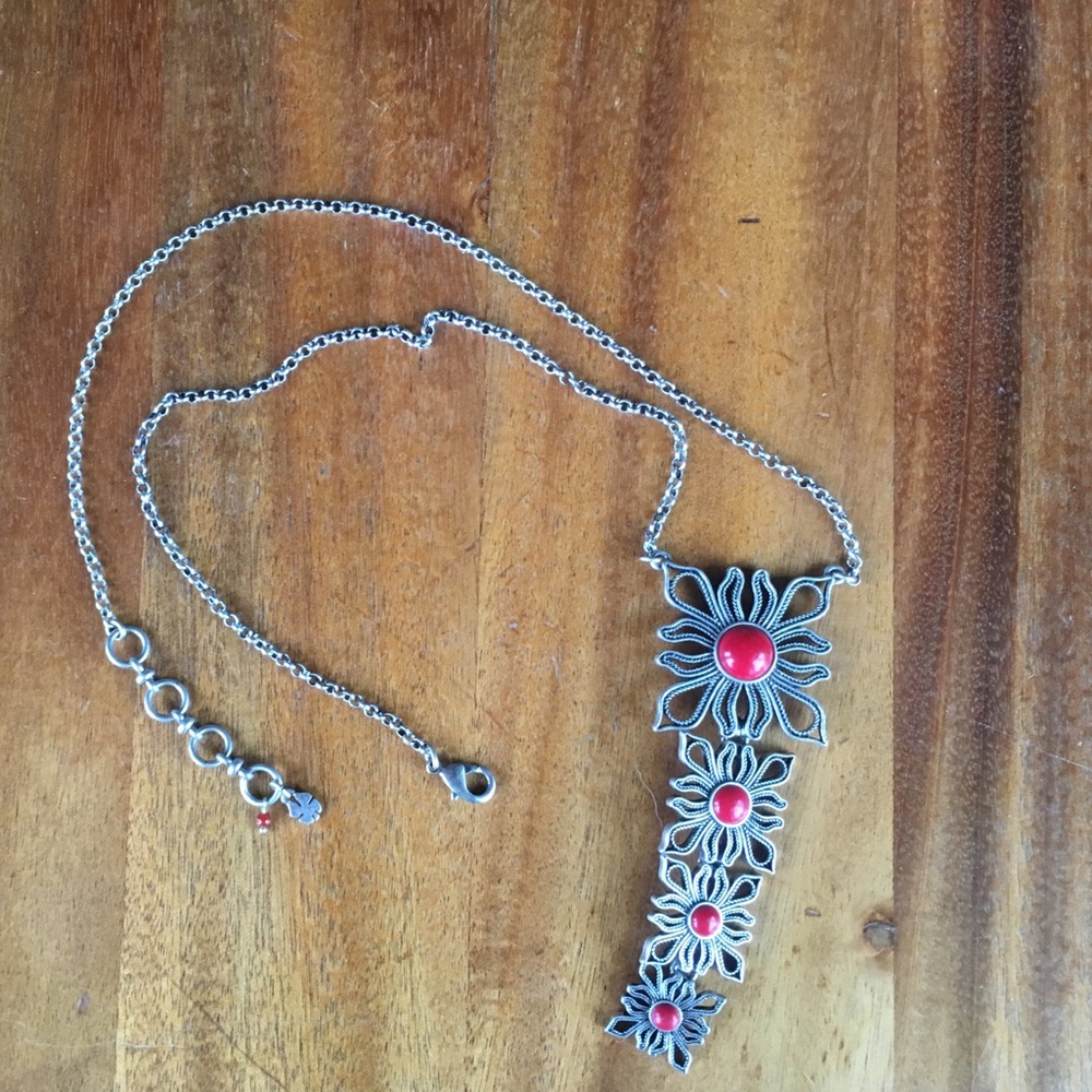 Lucky Brand Necklace Silvertone w/Red Stones